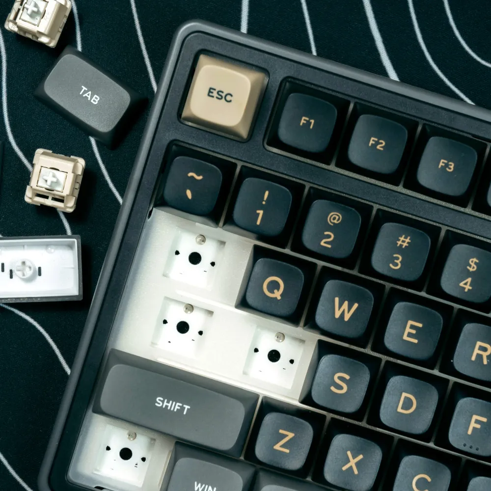 Mechanische Comptertastatur, bei der einige Tasten und Switches entfernt sind