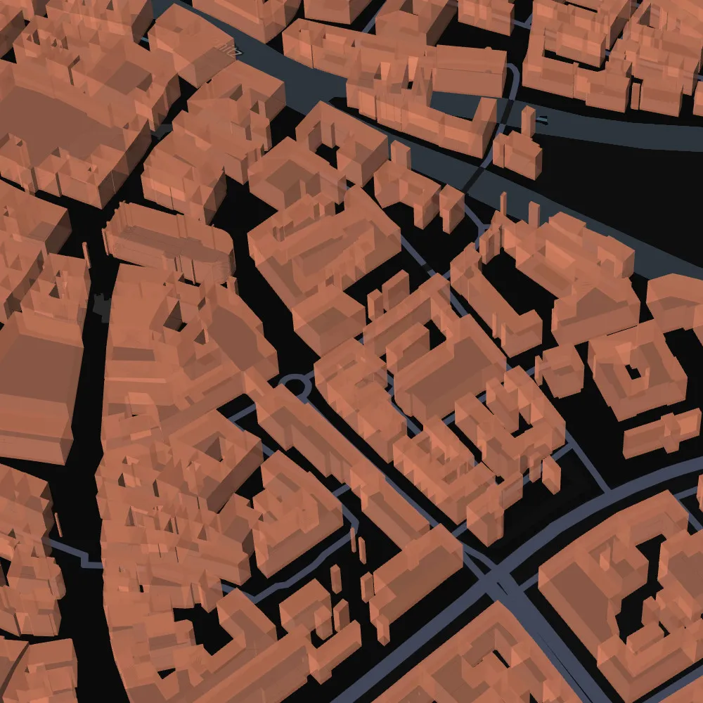 Bildschirmfoto von 3D-Gebäuden auf einer Karte